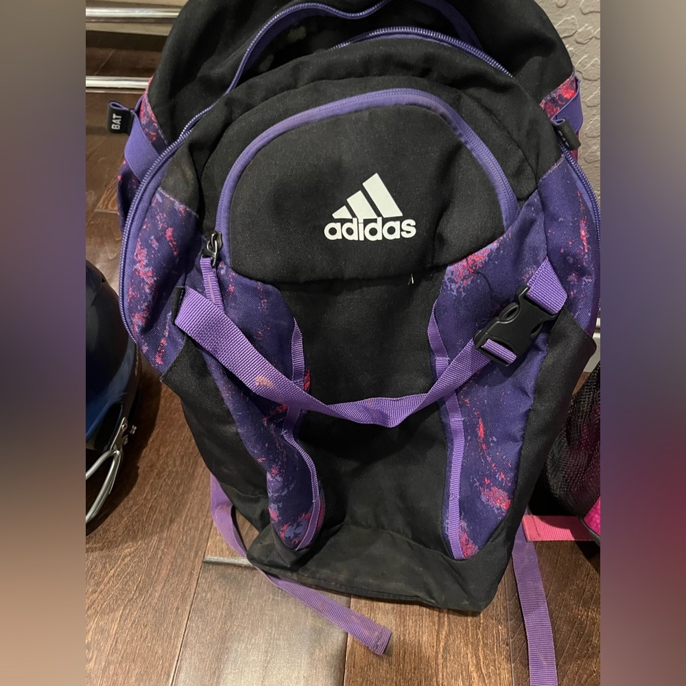 Purple and gray Adidas softball bagpack